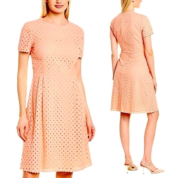 NWT ESCADA Peach Embroider Eyelet Lace Short Sleeve Pleated Fit & Flare Dress 6 - Picture 1 of 9